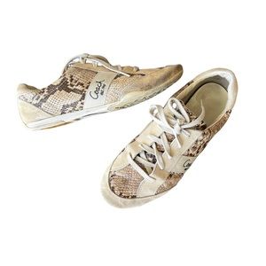 Coach Reina Snakeskin Sneakers Leather And Suede Lace Up Tan Brown Size 8